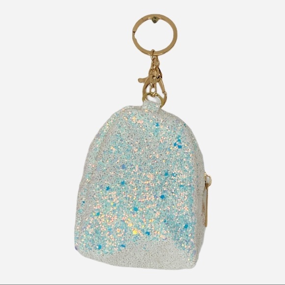 GLITTER UNICORN MINI BACKPACK COIN PURSE CHARM KEYCHAIN IN WHITE - Picture 3 of 5